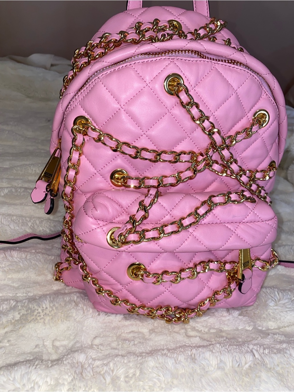 Moschino Pink Quilted Mini Backpack with Gold Chain Detail